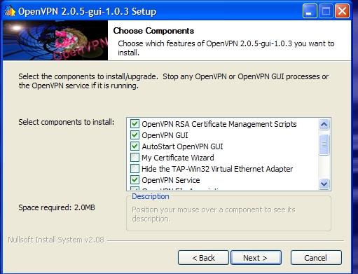 OpenVPN komponensek kiválasztása
